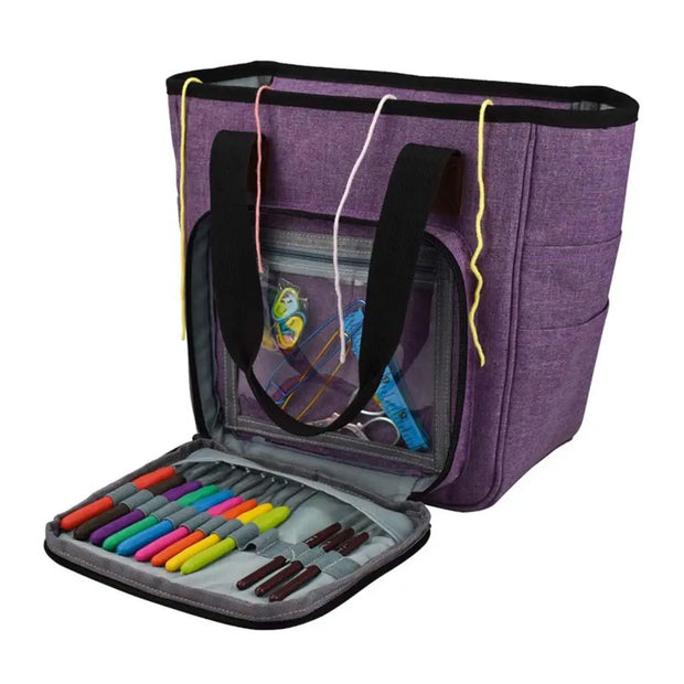 Purple Knitting Bag, Yarn Tote Organizer with Divider for Crochet