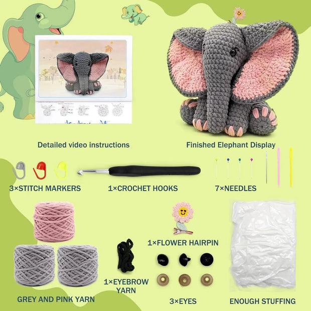 Elephant Package Crochet Knitting Kit for Beginners Starter Adults