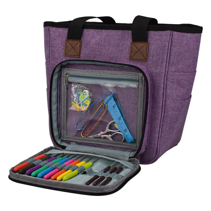 Purple Knitting Bag, Yarn Tote Organizer with Divider for Crochet